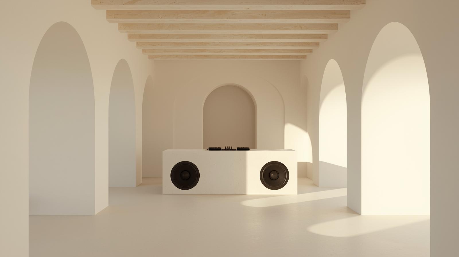 A minimalist and clean photography style captures a deconstructed villa during the daytime, featuring a deejay booth with large, round speakers. The composition is simple with ample negative space,  (2)